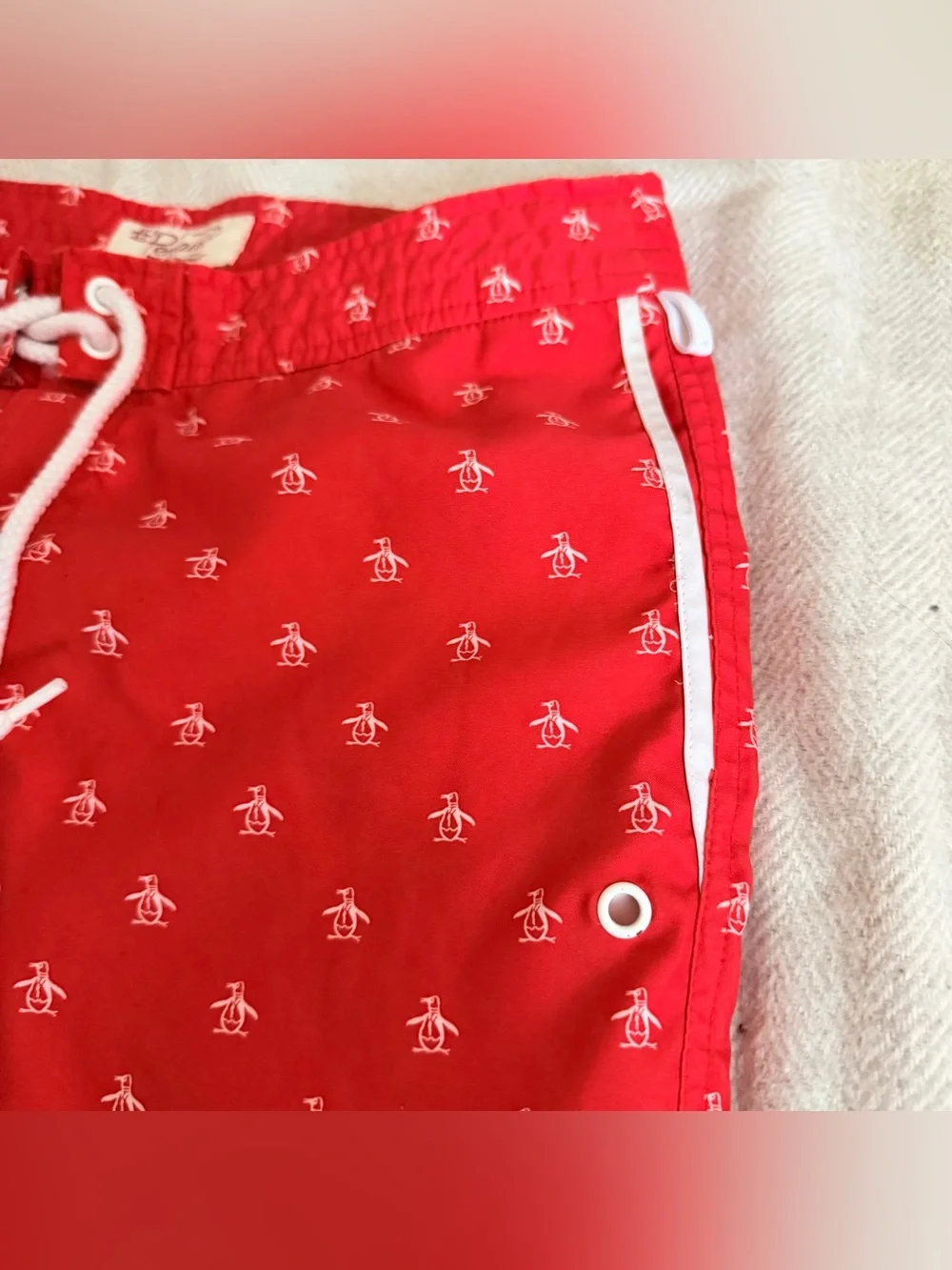 An original PENGUIN Men Swim Short Red Micro Penguin Logo Pattern 30W